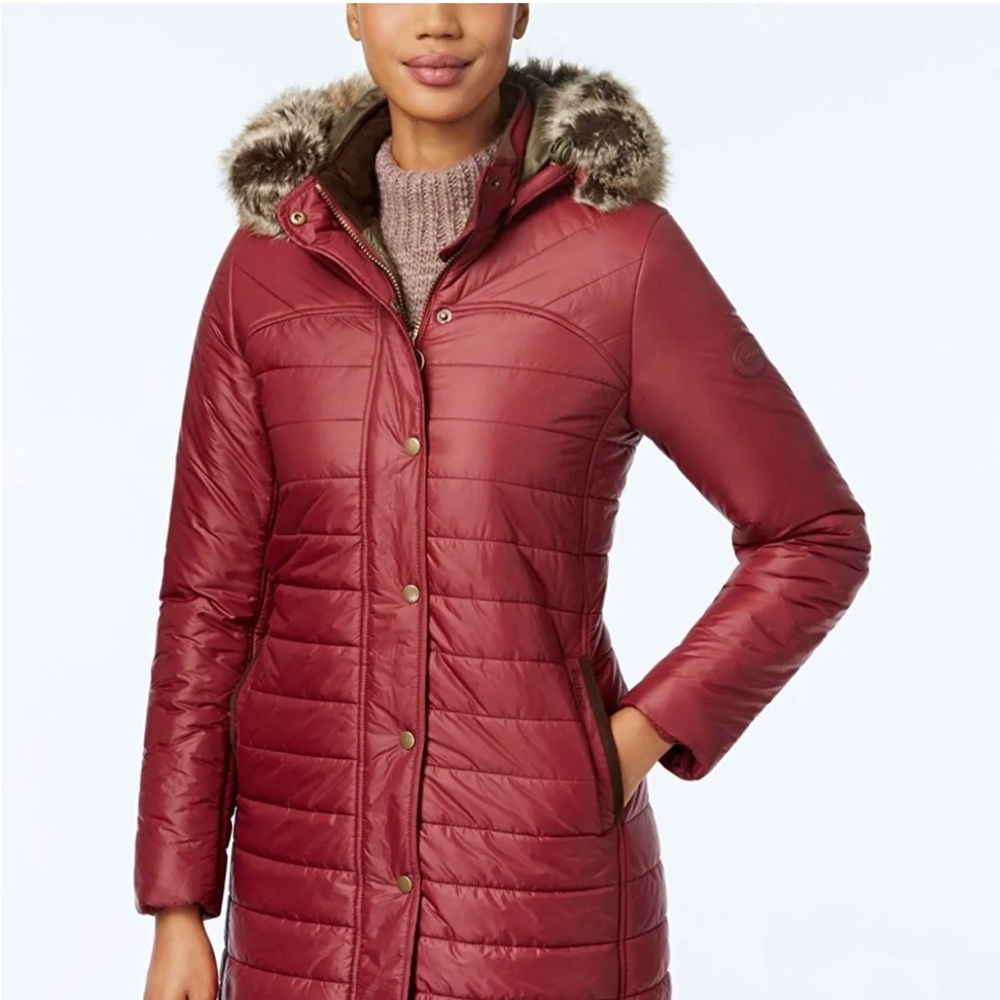 Barbour puffer parks  Sz6 raspberry exterior & bark (olive/brown) interior coat